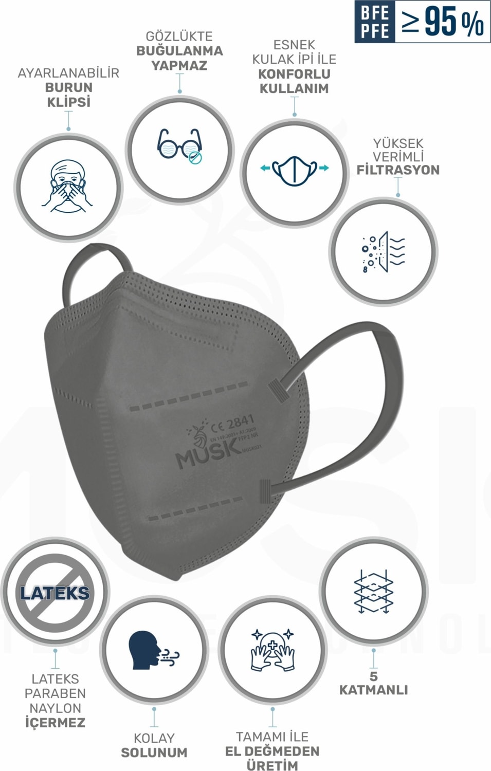 FFP2/N95 Maske Gri Renk 10 Adet