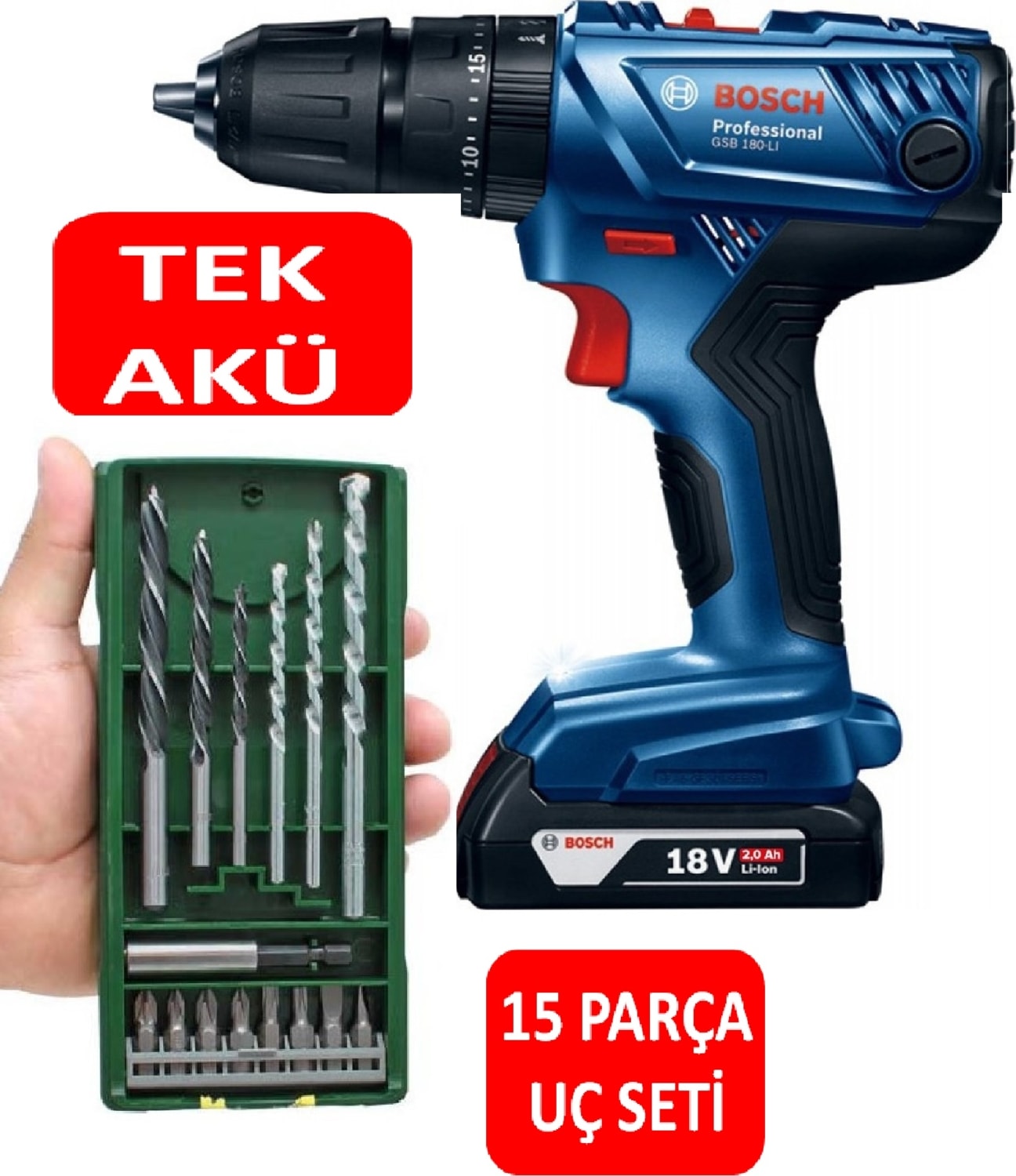 Tek Akülü Darbeli Matkap 18V Akülü Vidalama Şarjlı Matkap + 15 Parça Matkap Ucu Vidalama Ucu Seti
