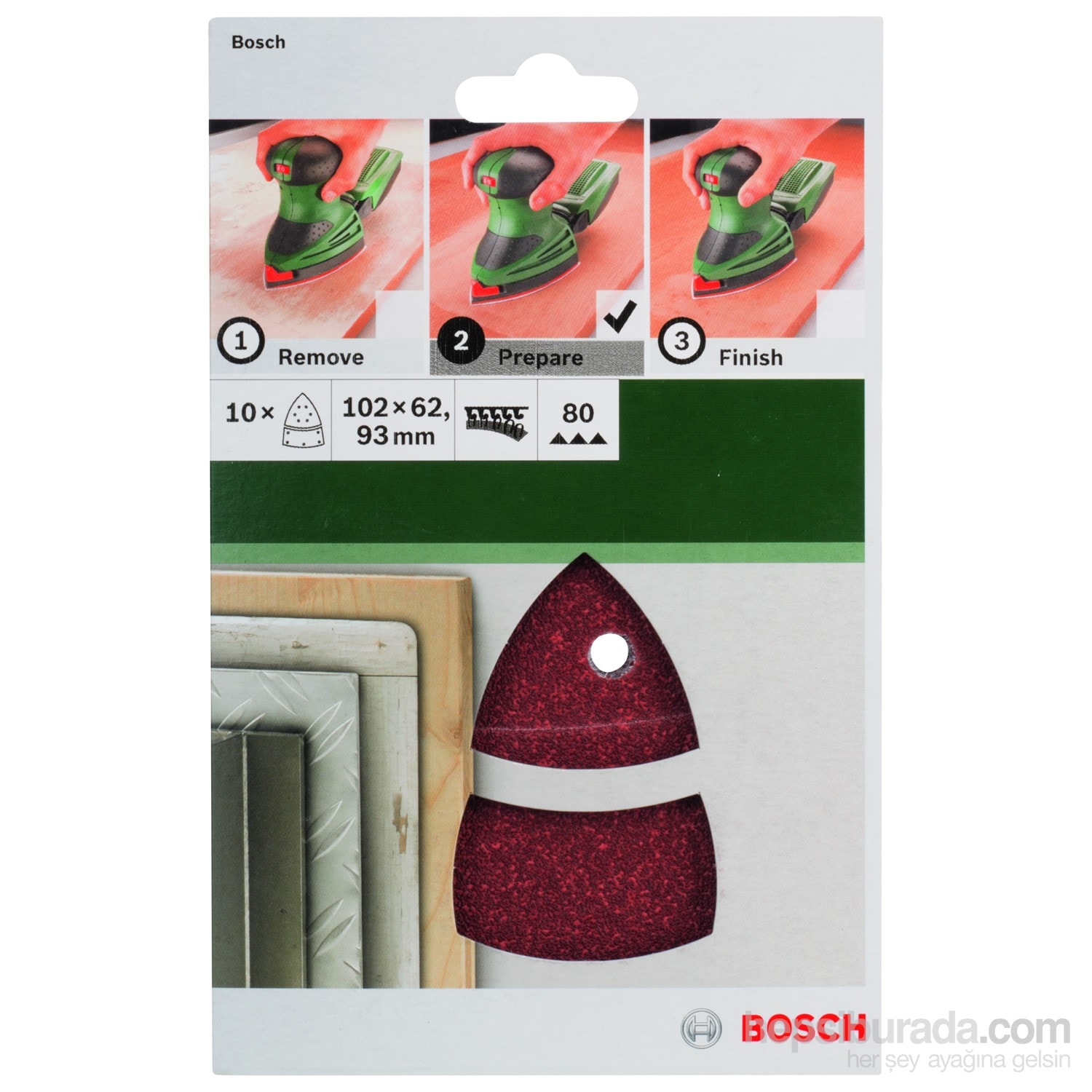 BOSCH - Multi Zımpara Kağıdı 10'Lu, 102 X 62/93 Mm 80 Kum 11 Delik
