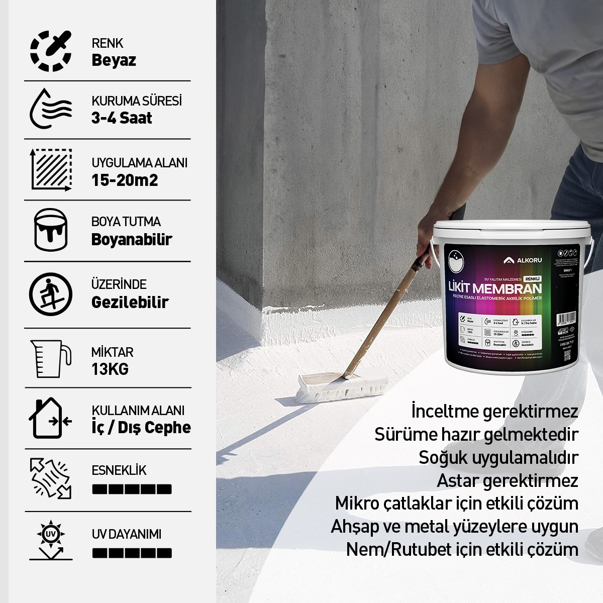 13 kg Beyaz Likit Membran Renkli Reçine Esaslı Sıvı Su Yalıtım Malzemesi
