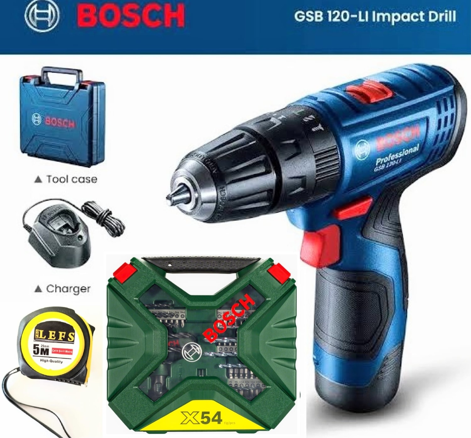 BOSCH Gsb 120 Li Darbeli (Tek Akülü) Matkap Vidalama ,bosch X-Line 54 Parça Aksesuar Seti ve Metre
