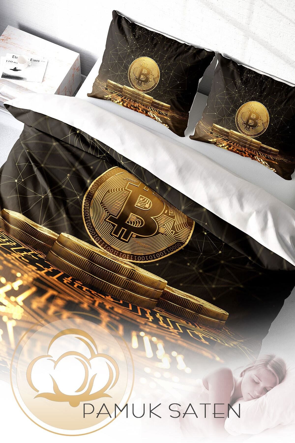 Kıng Sıze Bitcoin-2 3d Pamuk Saten Çift Kişilik Nevresim Takımı 220x240cm