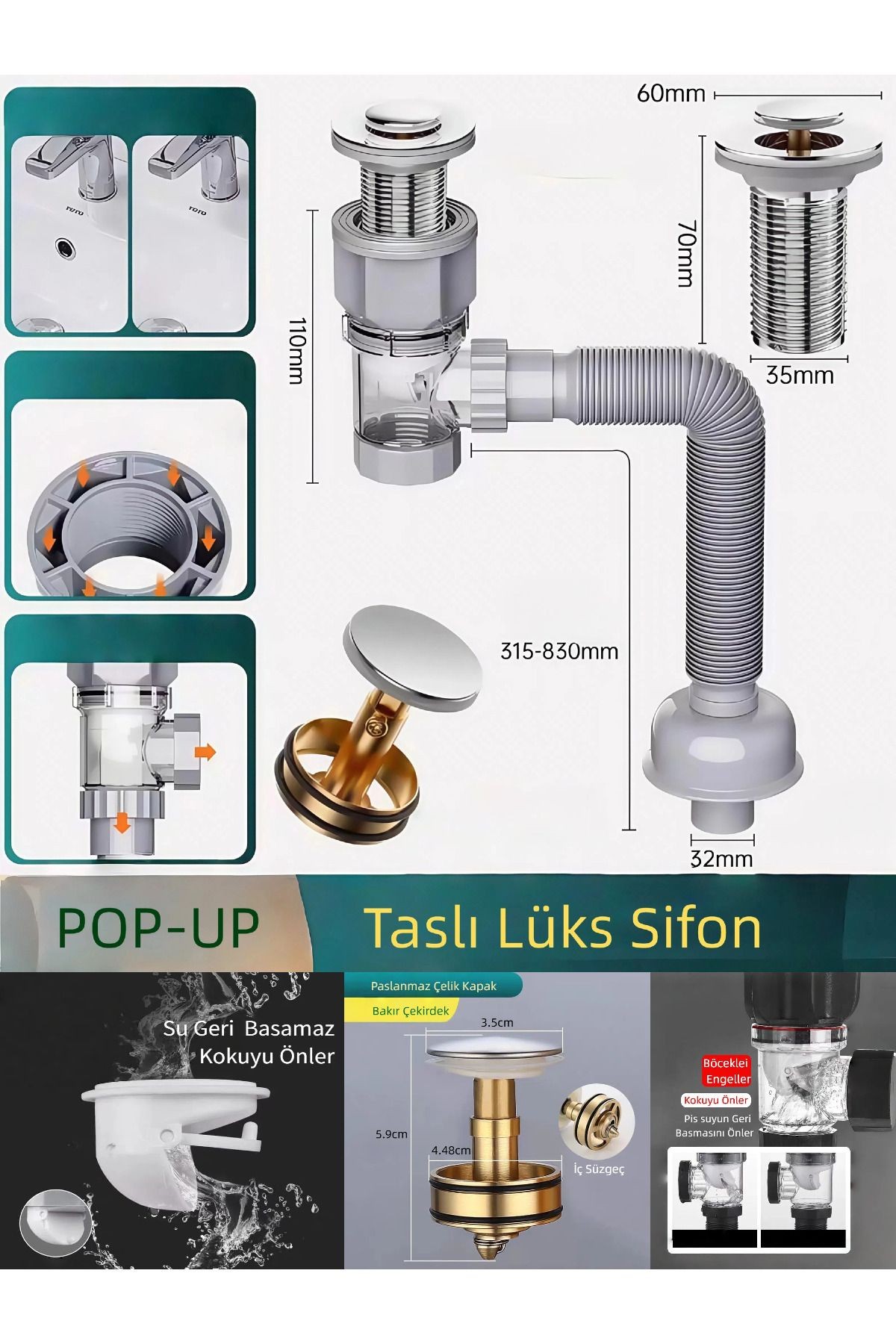 Lüks Pop-up Lavabo Eviye Gider Sifonu Basmalı Taslı Körüklüdür