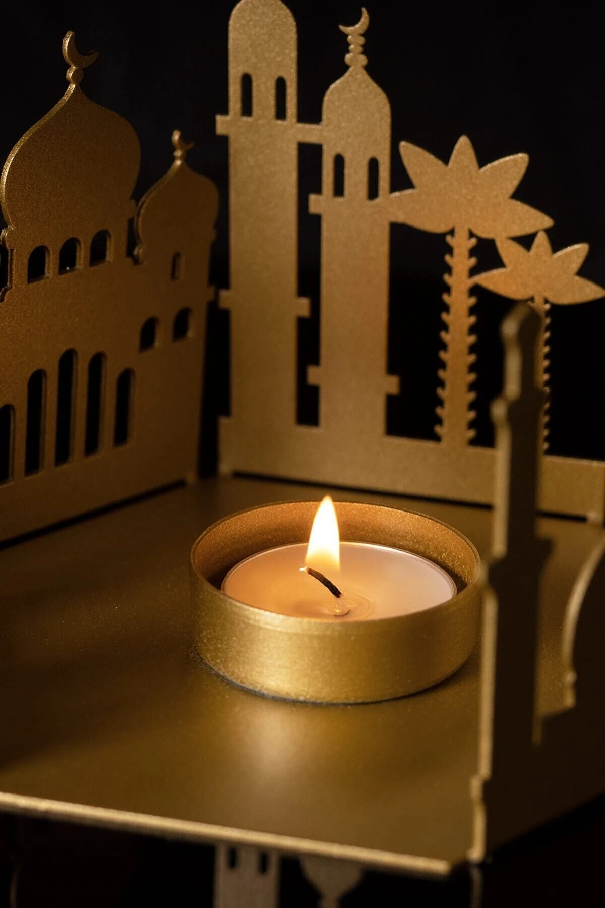Cami Desenli Metal 2'li Masaüstü Mumluk Seti - Gold Dekoratif Mumluklar - Ramazan Süsleri - Wamh128
