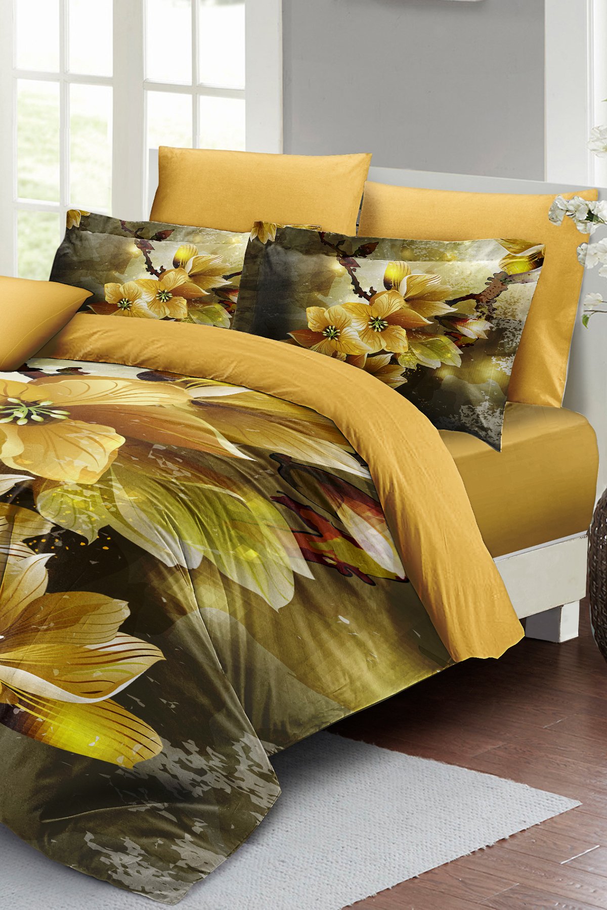 Nevresim Takımı %100 Doğal Pamuk Çift Kişilik 3d Digital Yellow Flowers