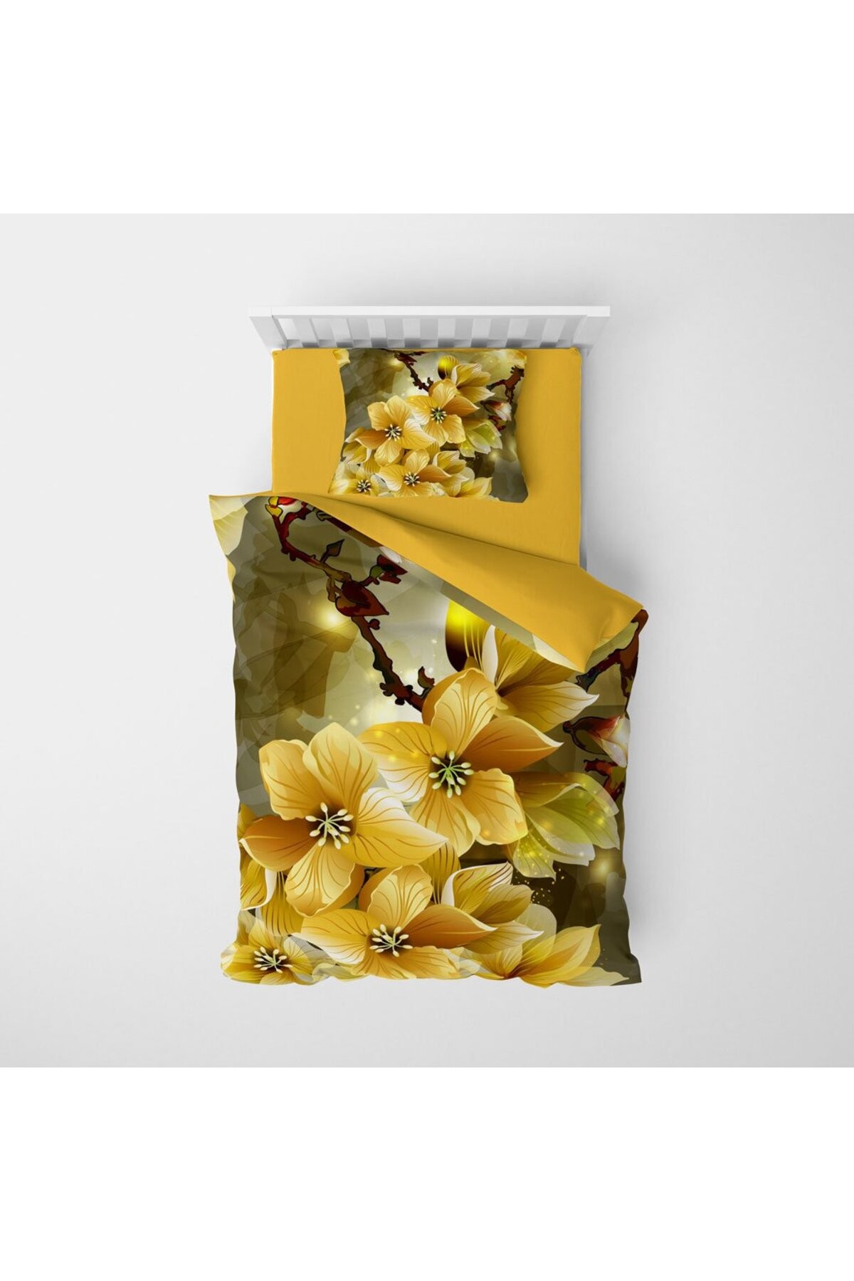 %100 Pamuk Saten Tek Kişilik Nevresim Takımı Yellow Flower