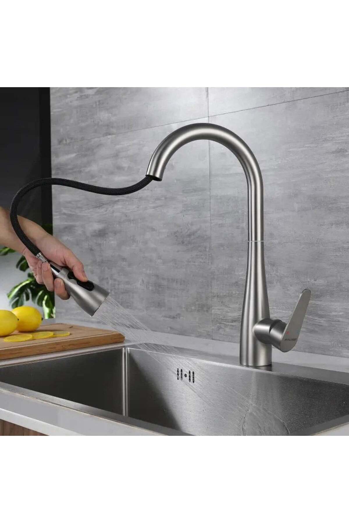 Spiralli Eviye Bataryası Pull Down 3 Fonksiyonlu Fırçalanmış Nikel KTE125-BR