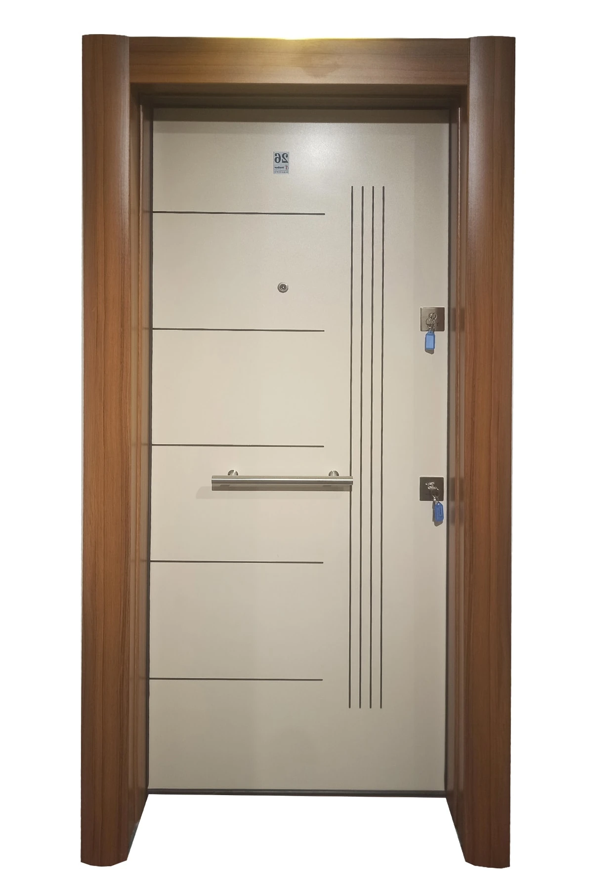 Çelik Kapı Ahşap Kaplama Krem Rengi Tırnaklı Kale Kilitli Çelik Kapı Daire Kapısı Sol Açılım