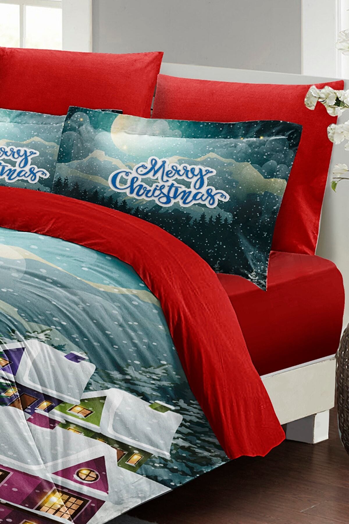 Kıng Sıze Yılbaşı Süsü Dream House Noel %100 Pamuk Saten 3d Çift Kişilik Nevresim Takımı 220x240cm