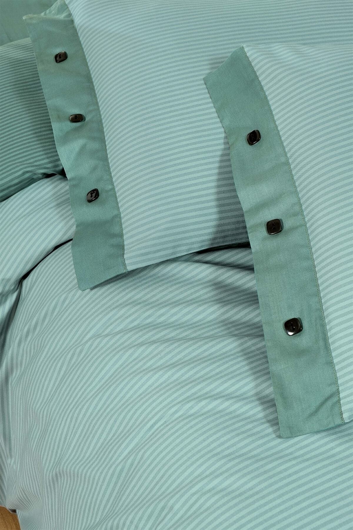 New Fancy Stripe Koyu Yeşil Çift Kişilik %100 Pamuk Çizgili Nevresim Takımı