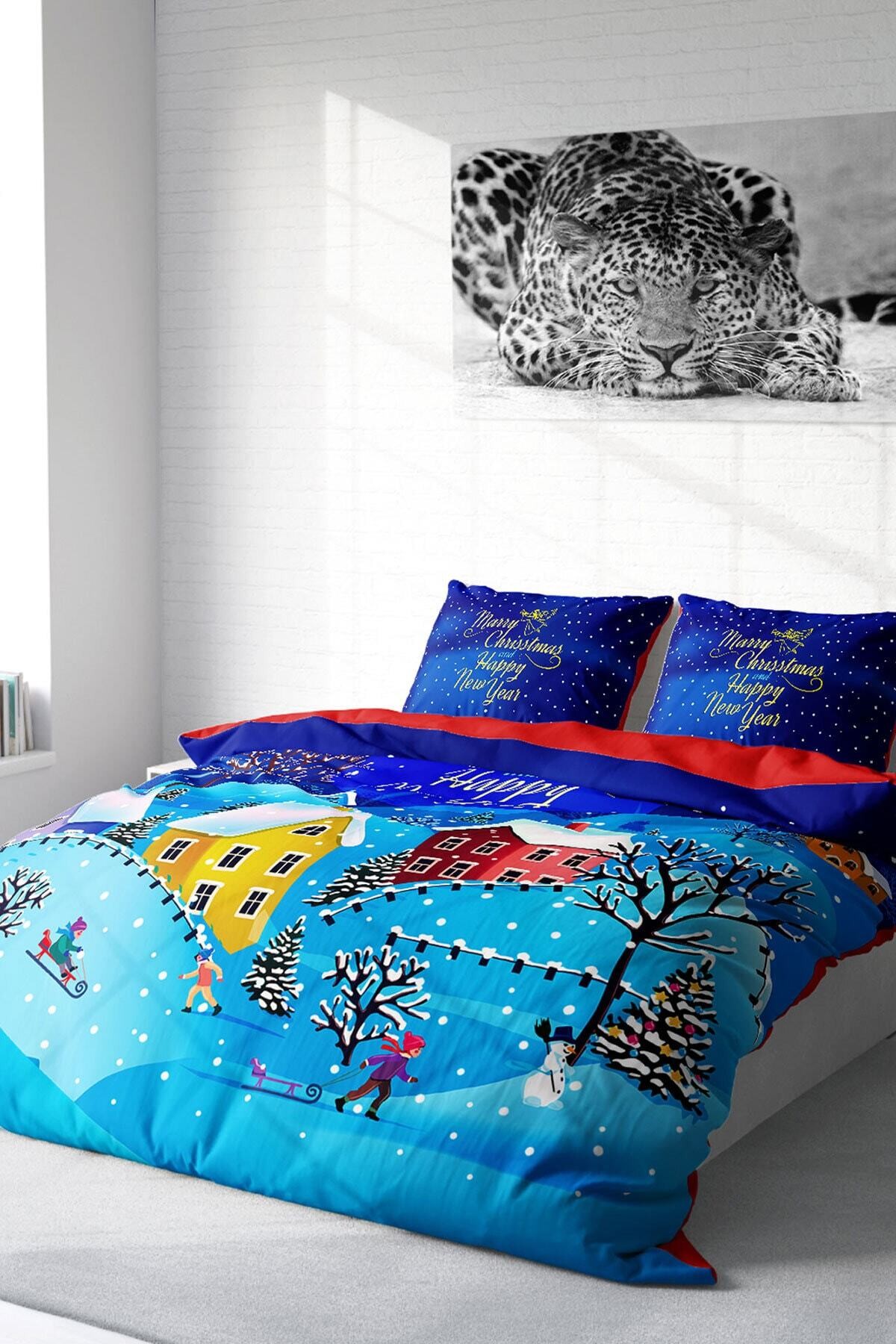 Kıng Sıze Yılbaşı Süsü Merry Christmas Çift Kişilik 3d Nevresim Takımı Pamuk Saten Snow 220x240cm