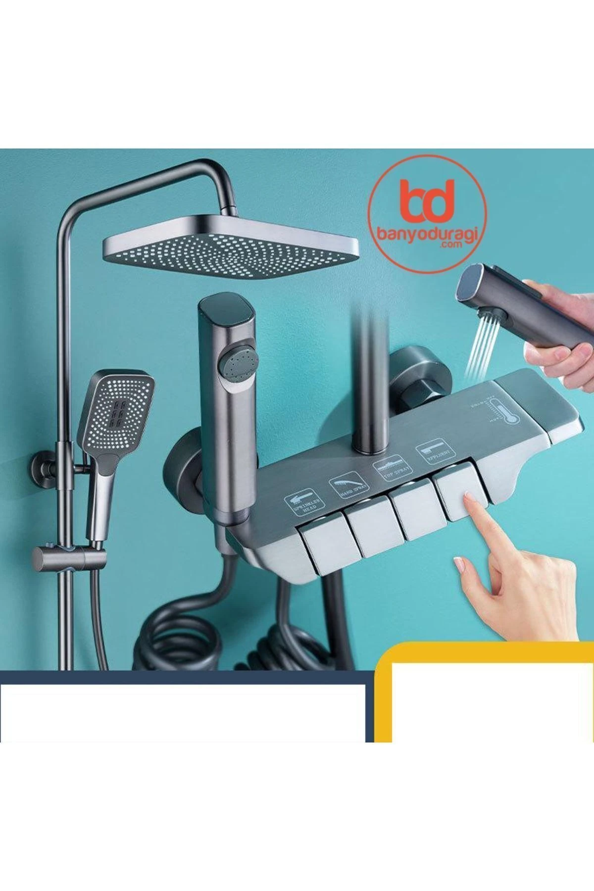 Piyano Gri Robot Tepe Duş Seti Yağmur Tepe Banyo 4 Tuşlu Batarya Dahil Antrasit Duş Seti