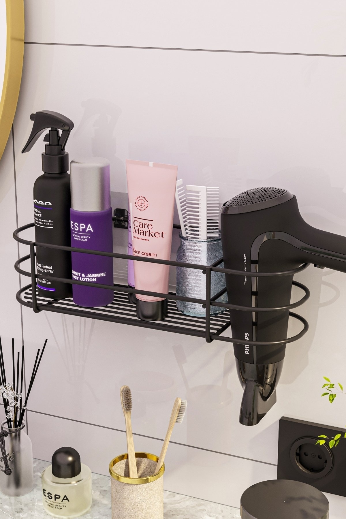 Banyo Aksesuarları Banyo Düzenleyici Yapışkanlı Saç Kurutma Makinesi Fön Makinesi Organizer Raf