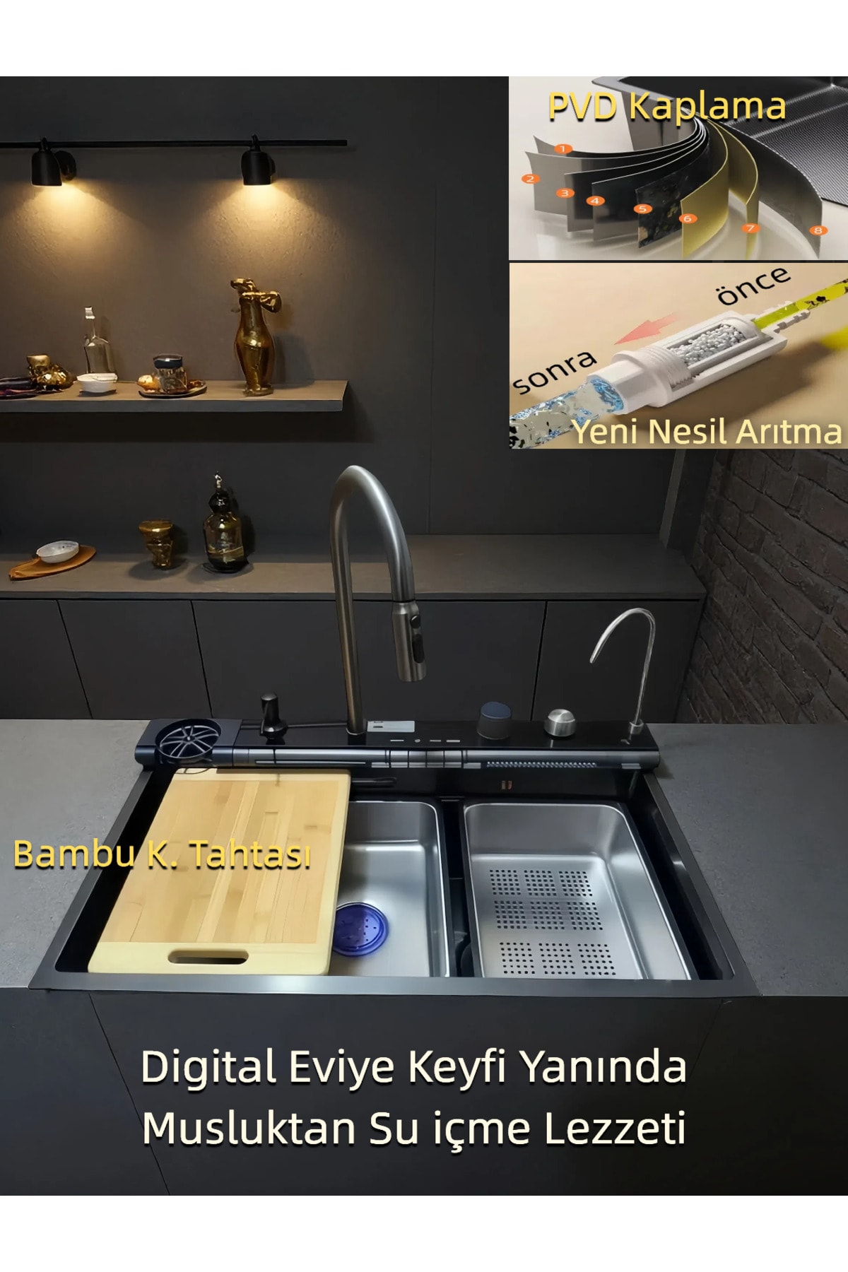 Dijital Akıllı Eviye Seti 304 Paslanmaz Çelik PVD Kaplama LED Göstergeli