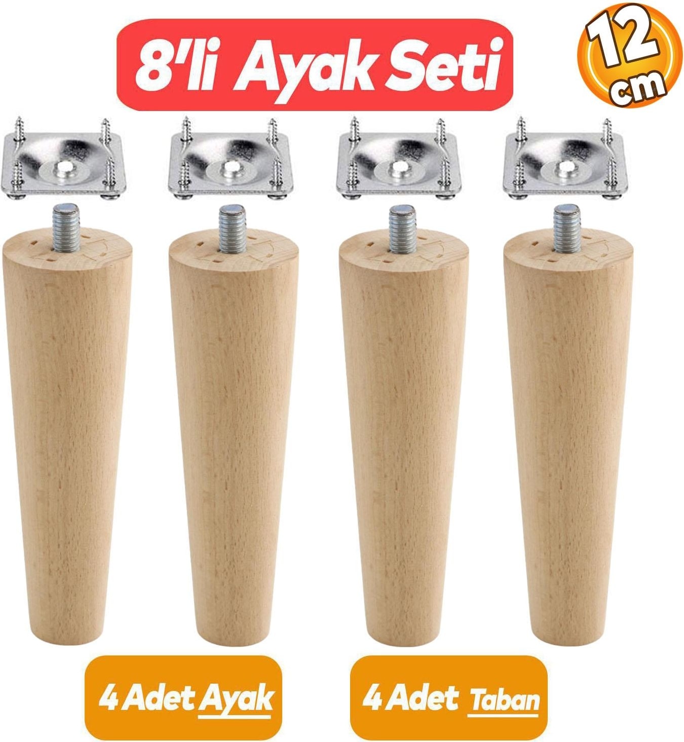 Ahşap Mobilya Koltuk Kanepe Ayağı 12 cm M8 Civatalı Bağlantı Aparatlı 4'lü Set