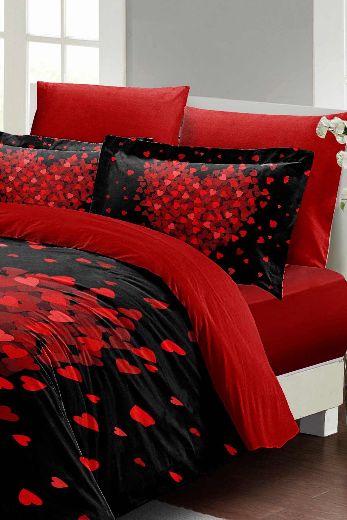 Kalpli Nevresim Çift Kişilik Çeyizlik Özel Tasarım Pamuk Saten Heart Black