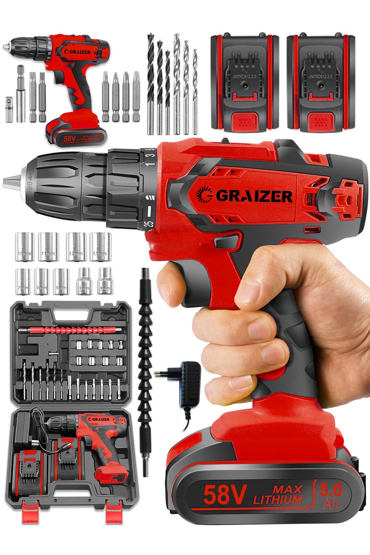 Alman 58 V 5 Ah Darbeli Metal Şanzuman Çift Vites Şarjlı Vidalama Matkap 24 Parça Set Sta