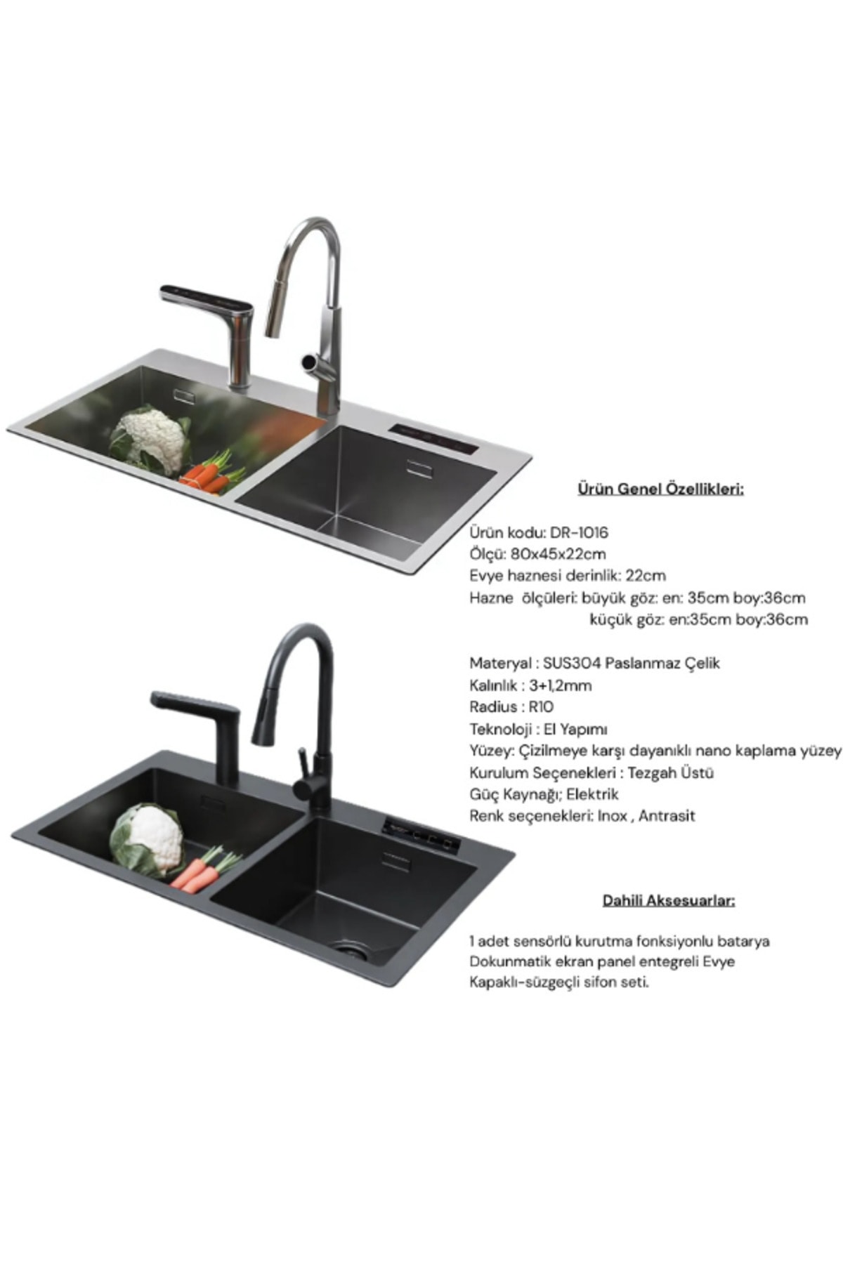 Smart Tech Kurutma Teknolojili Akıllı Mutfak Eviyesi Inox Renk-Meyve Sebze Kurutmalı Akıllı Evye