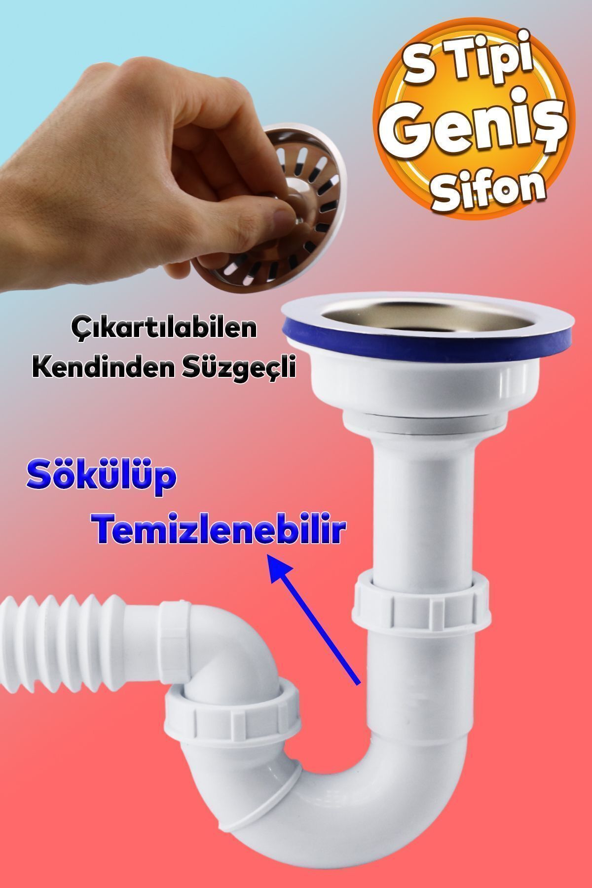 Süzgeçli Geniş Kafalı Körüklü Işyeri Evye Lavabo Sifonu Pis Su Gideri Borusu Plastik 15-35 Cm