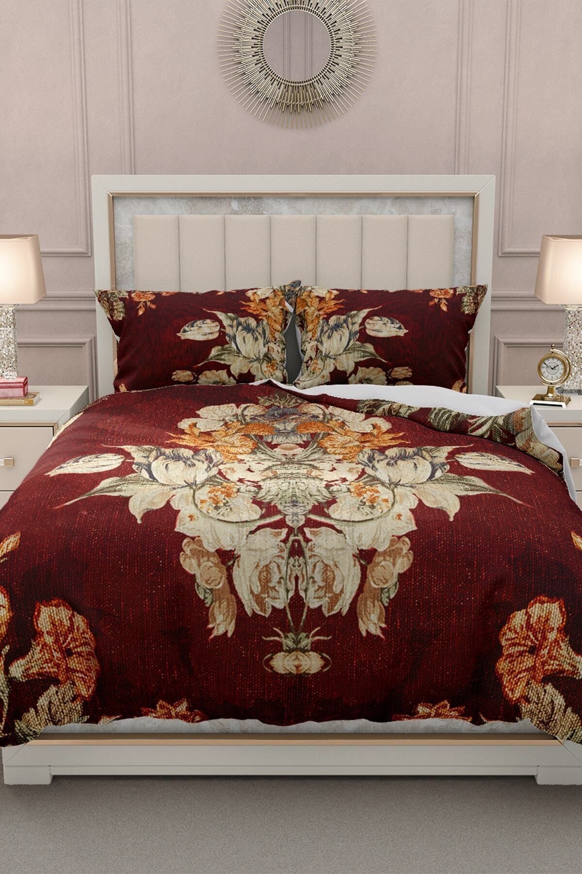 Lastikli Çarşaflı %100 Pamuk Saten Çift Kişilik Nevresim Takımı Glazed Bouquet