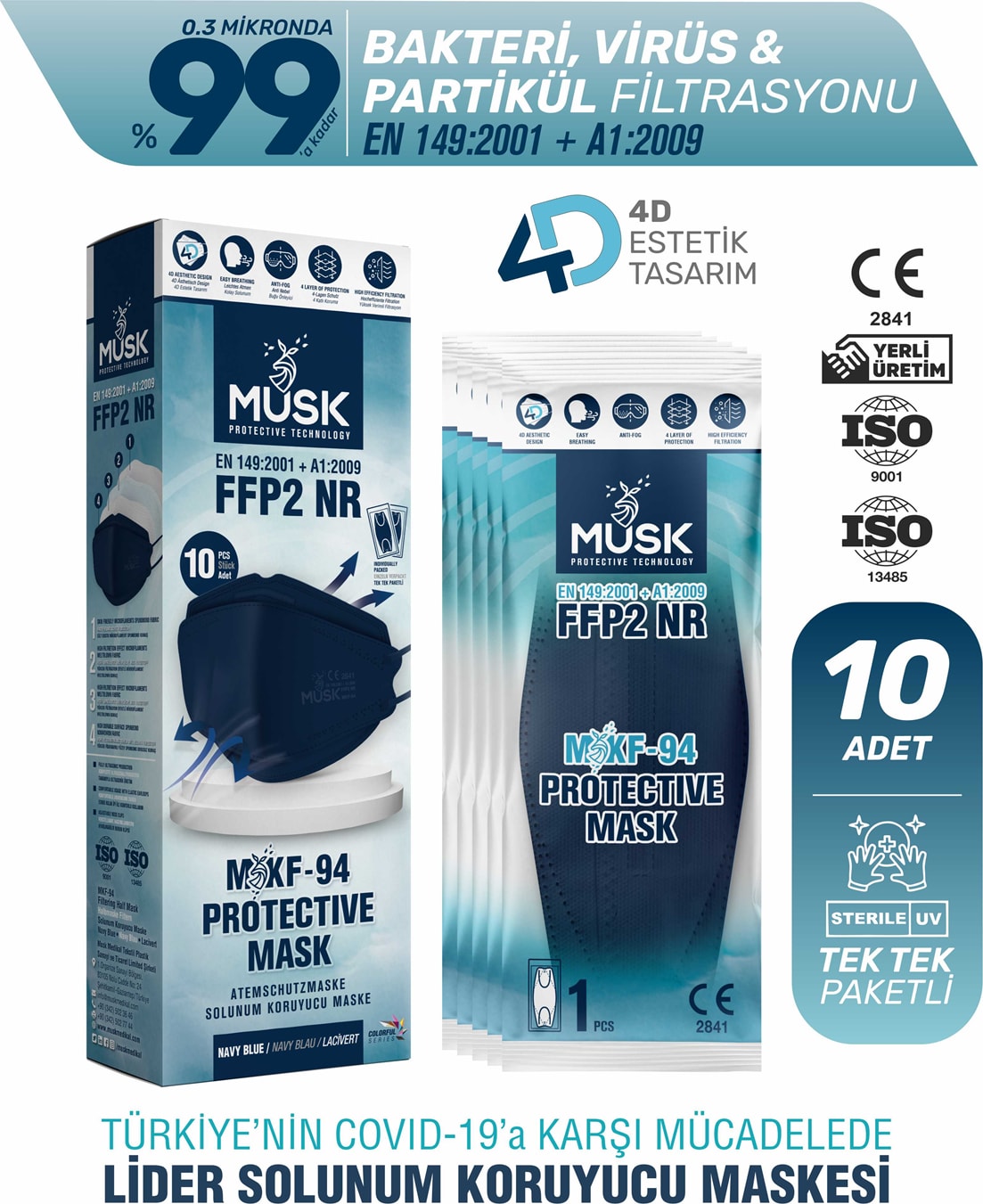 KF94 Kore Tipi FFP2 Maske 10 Adet Lacivert Yüksek Filtrasyon ve Konforlu Kullanım