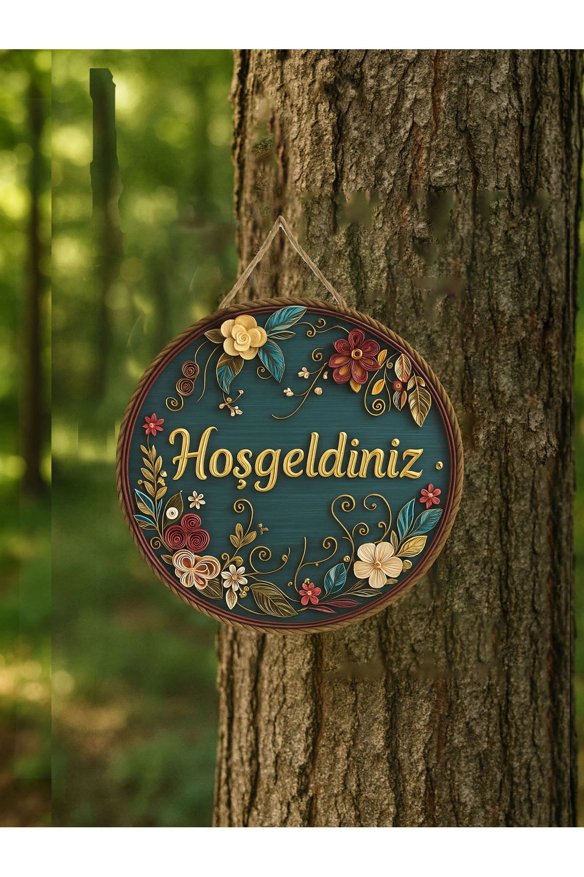 Kapı Süsü Ahşap MDF "Hoş geldiniz" Yazılı - Çiçek Desenli - UV Baskılı