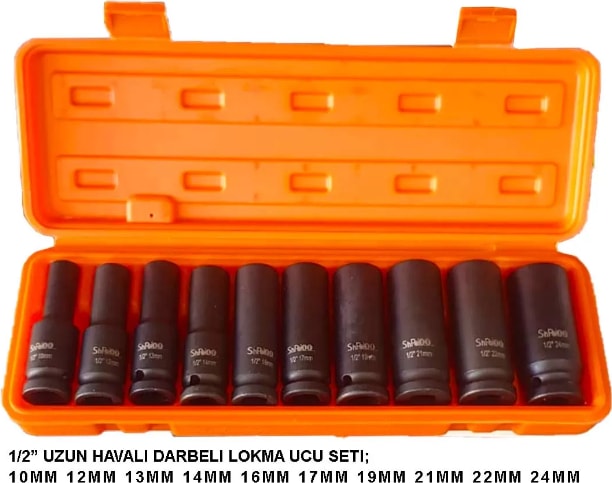 10 Parça 1/2 6 Köşe Uzun Havalı-Darbeli Profesyonel Lokma Seti