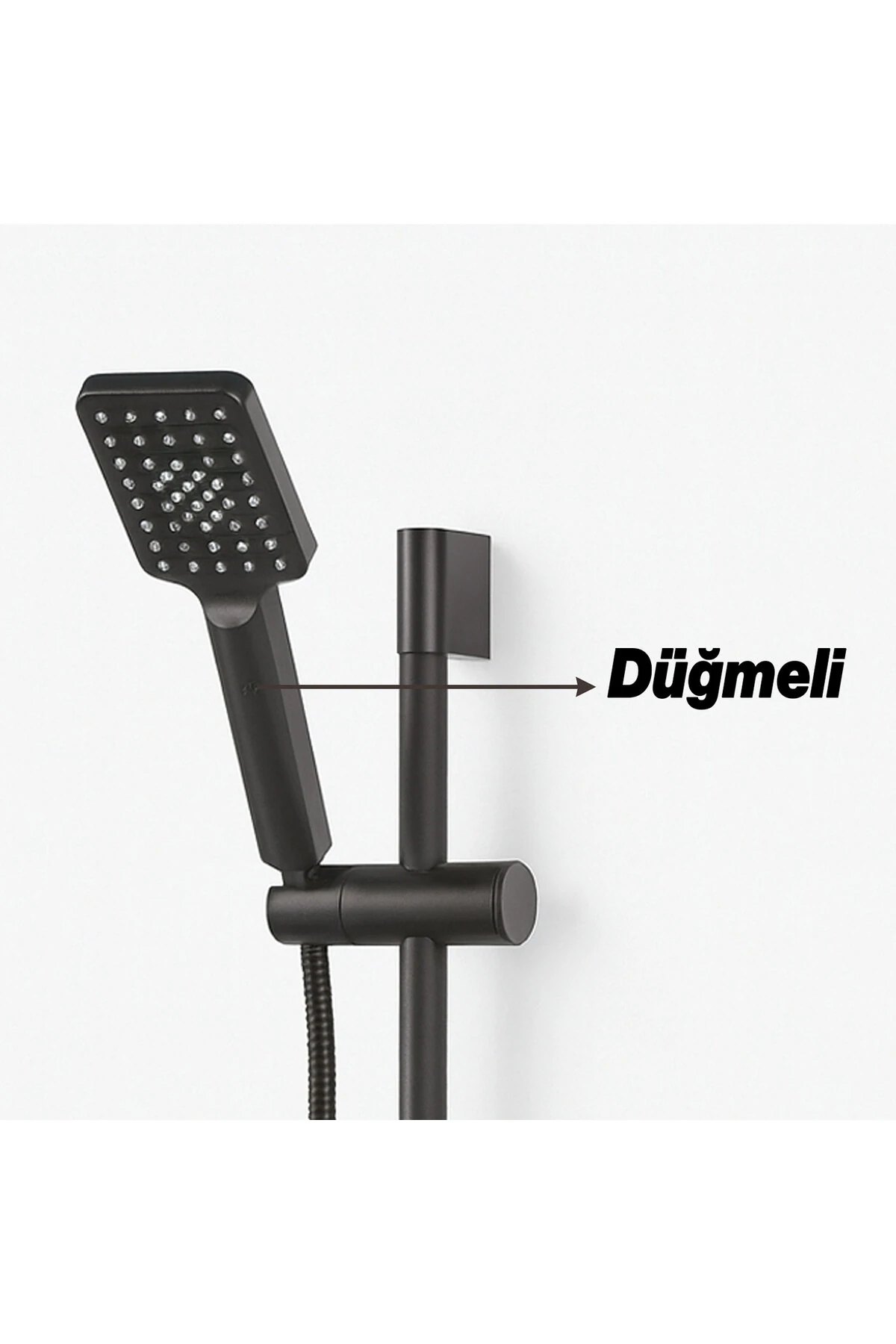 Siyah Sürgülü Duş Seti Kare Başlıklı Düğmeli El Duşu Hortumu Tutacağıyla Modern Lüks Banyo Takımı