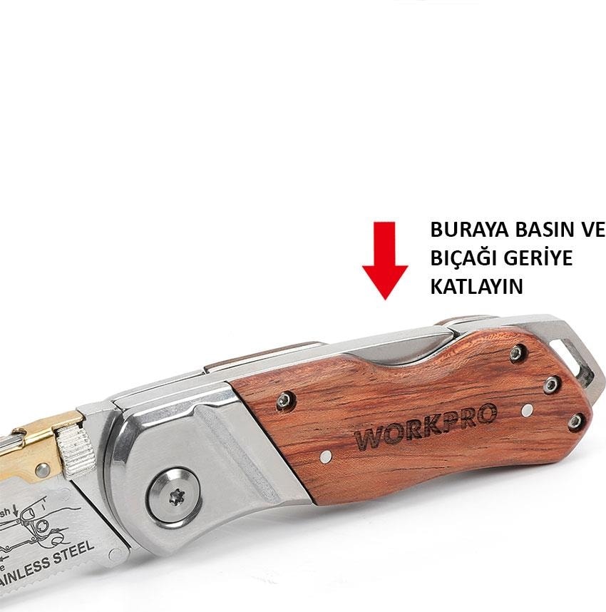 WP211014 Ağır Hizmet Paslanmaz Çelik / Ahşap Gövde Katlanır Rötuş Maket Bıçağı + 10 Adet Yedek Bıçak