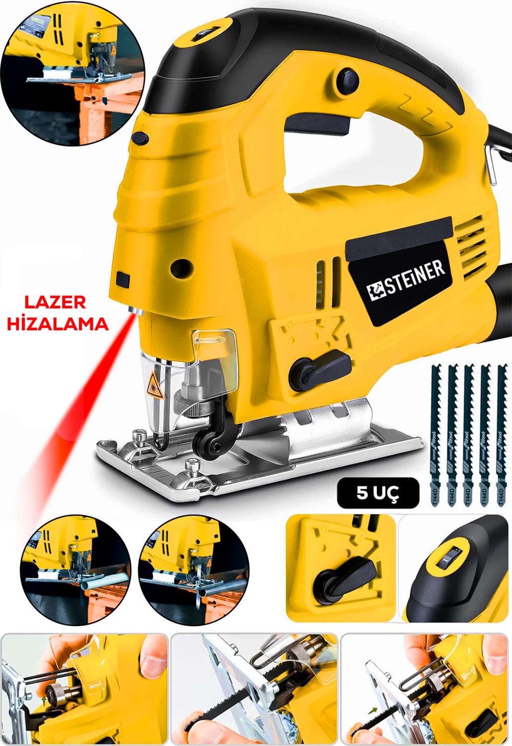 Alman 4600 W Lazerli Sjs Metal Şanzuman 6 Kademe Devirli Pandül Ayarlı Dekupaj Testere Makinesi 5 Uç Sarı