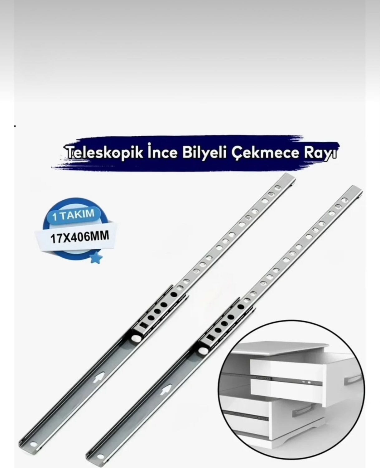 Teleskopik Ince Bilyalı Dolap Çekmece Rayı Sürgüsü En 1.7 cm Uzunluk 406 mm (1 Takım)