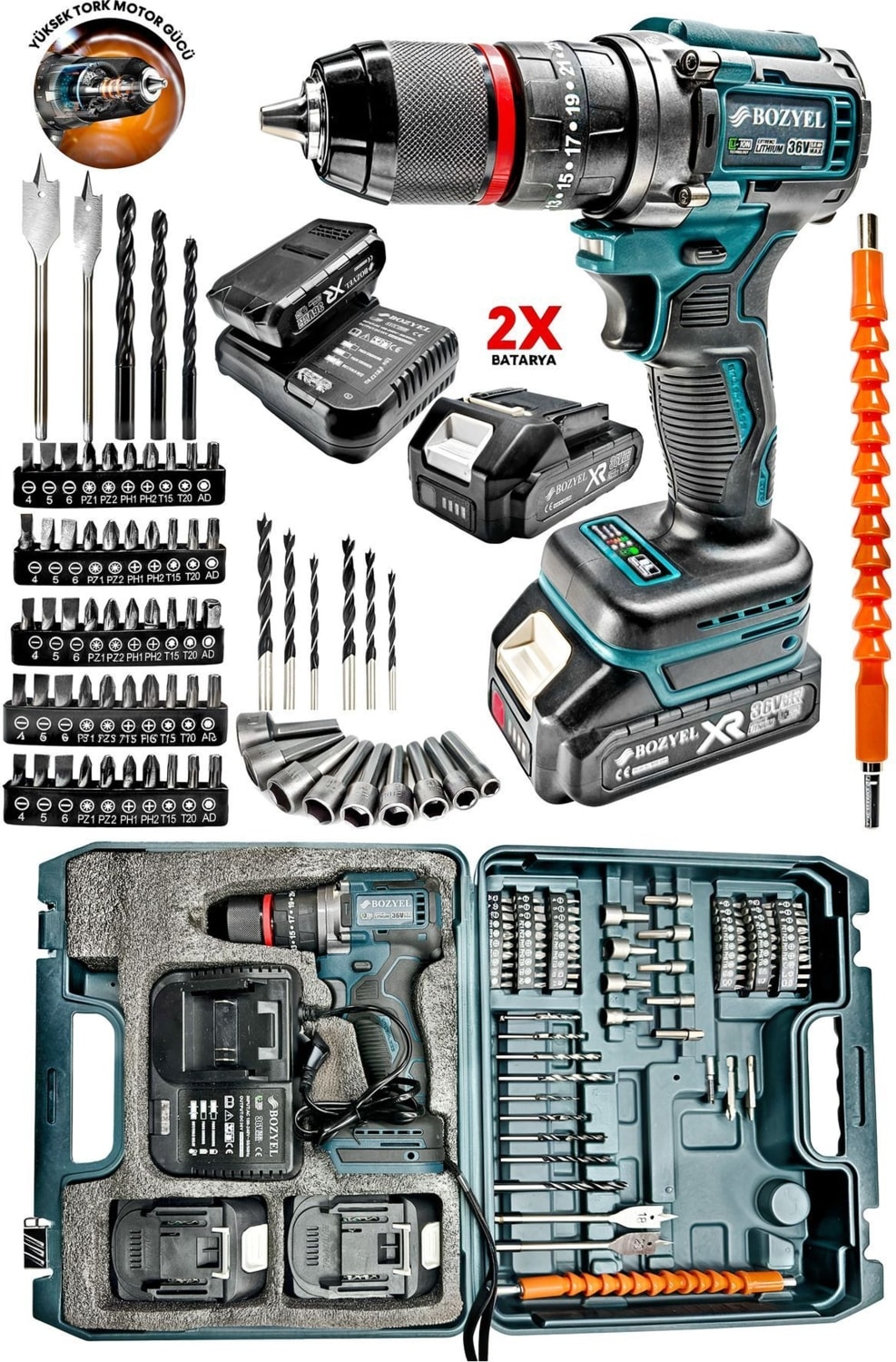 Prox Premium 36VF Kalite Kömürsüz Motor Çelik Mandren Darbeli Şarjlı Matkap Akülü Vidalama