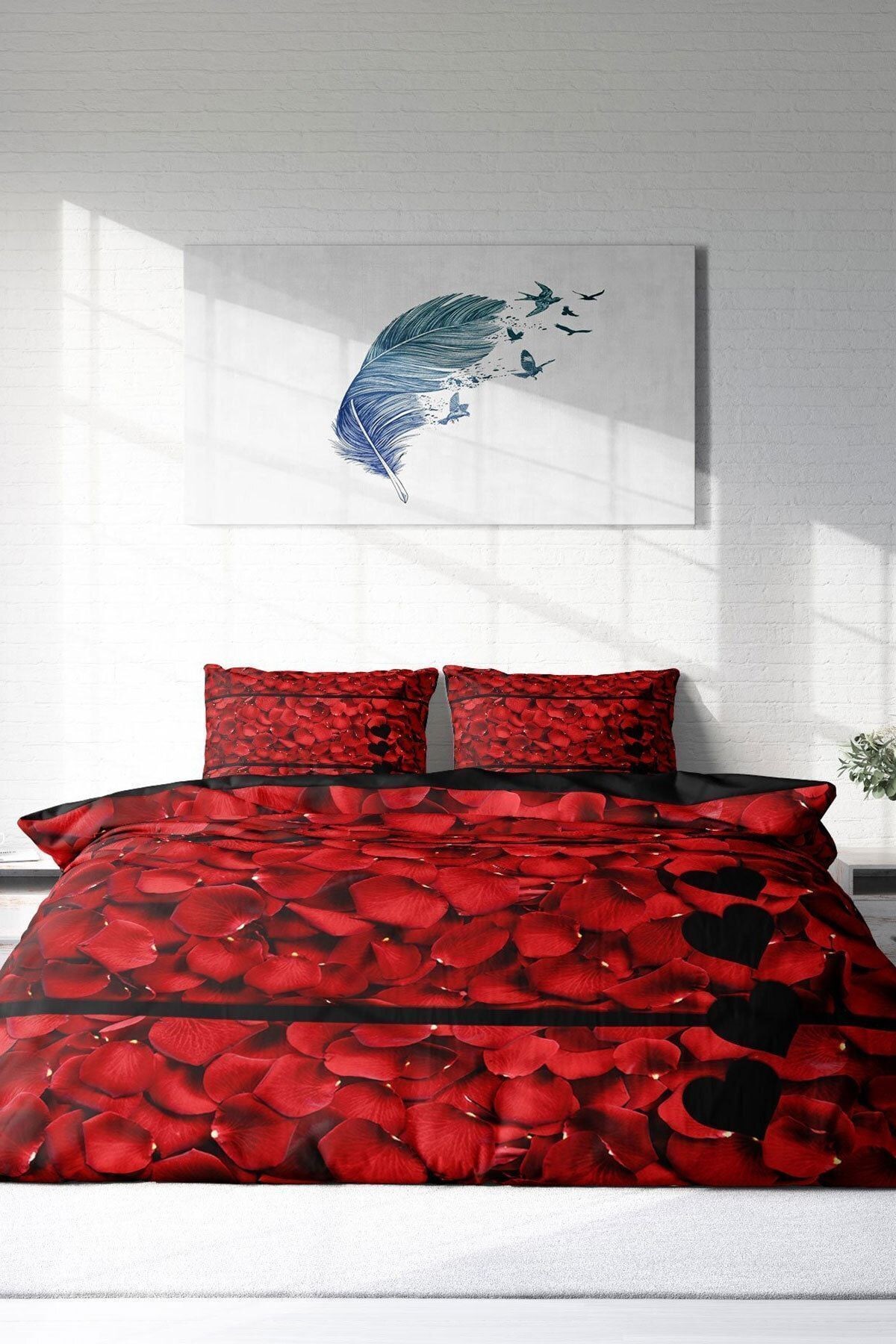 Kıng Sıze Rose Feather 3d Çift Kişilik Nevresim Takımı 220x240cm