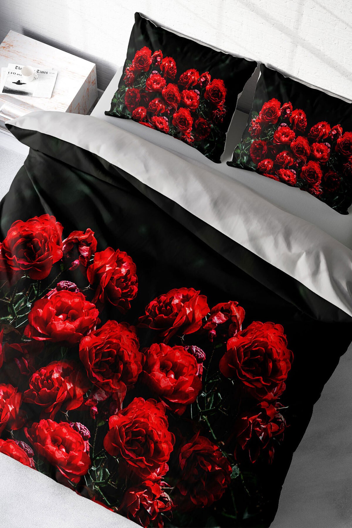Lastikli Çarşaflı %100 Pamuk Saten Çift Kişilik Nevresim Takımı Red Black Roses