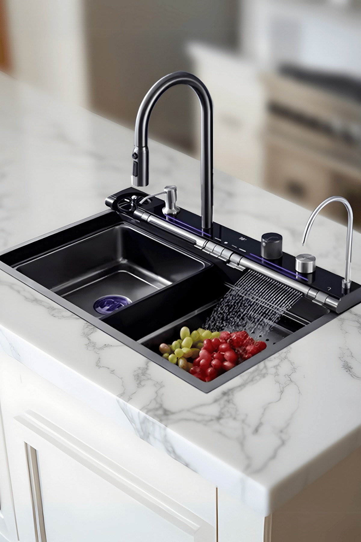 Mutfak Evyesi Dijital Göstergeli Led Panel- Teknolojik Akıllı Eviye Seti Bal Peteği Yüzey SİYAH