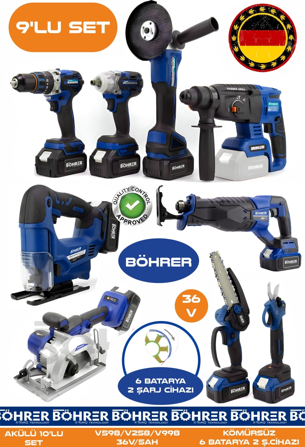 Alman 9 Makine Kombo Set BA01083M 6 Akülü 2 Şarjlı Kömürsüz V598 5AH Profesyonel -Blue Mavi
