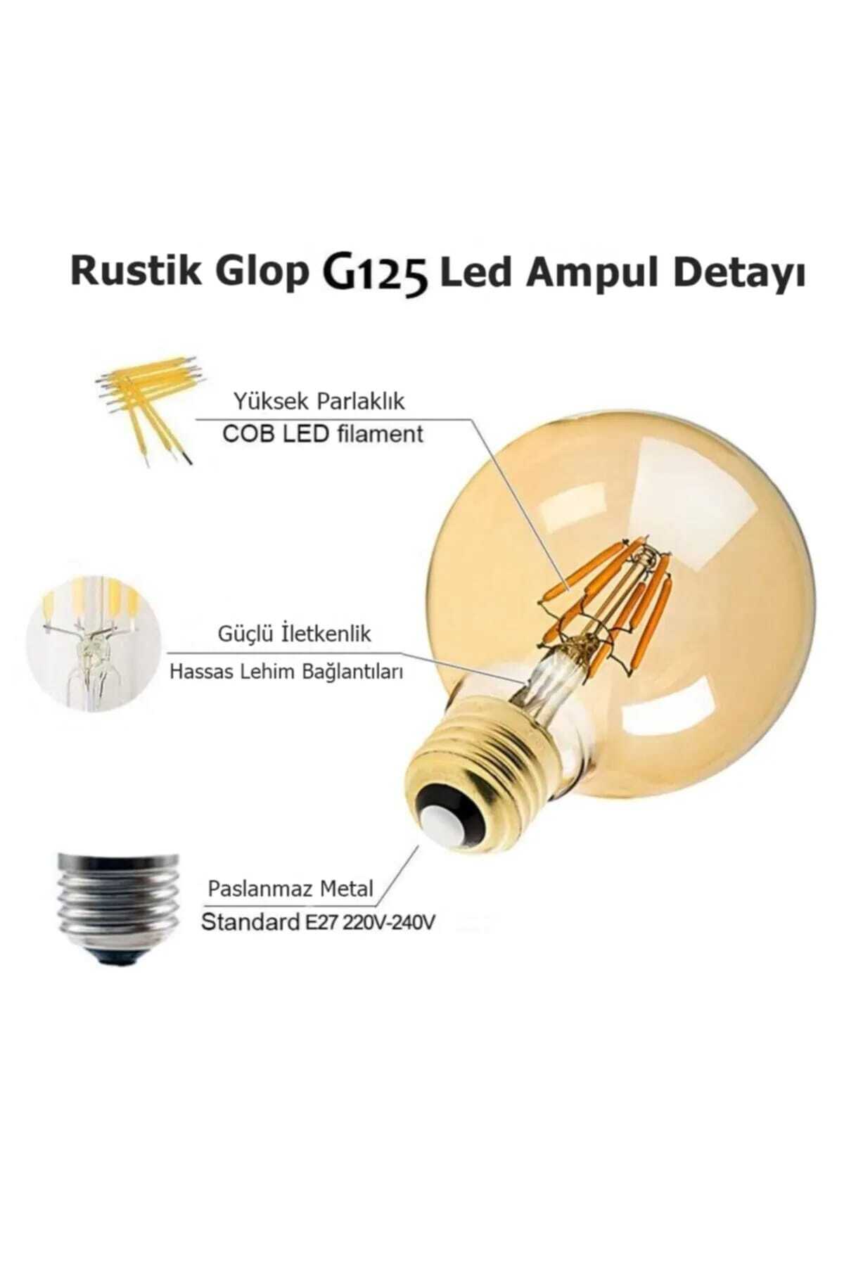 6 Watt Rustik Led Ampul G125 Glop Rustik Ampul E27 Duy Amber Renk Cam 2500K Sarı Işık