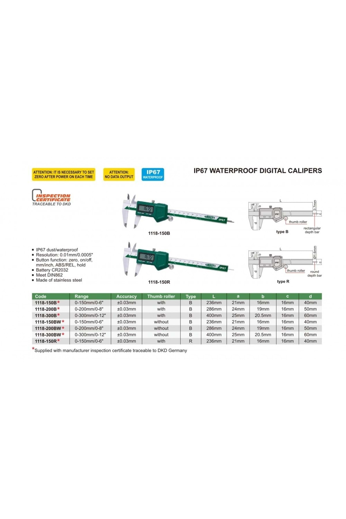 INSIZE 1118-150BW Dijital Kumpas IP67 SD