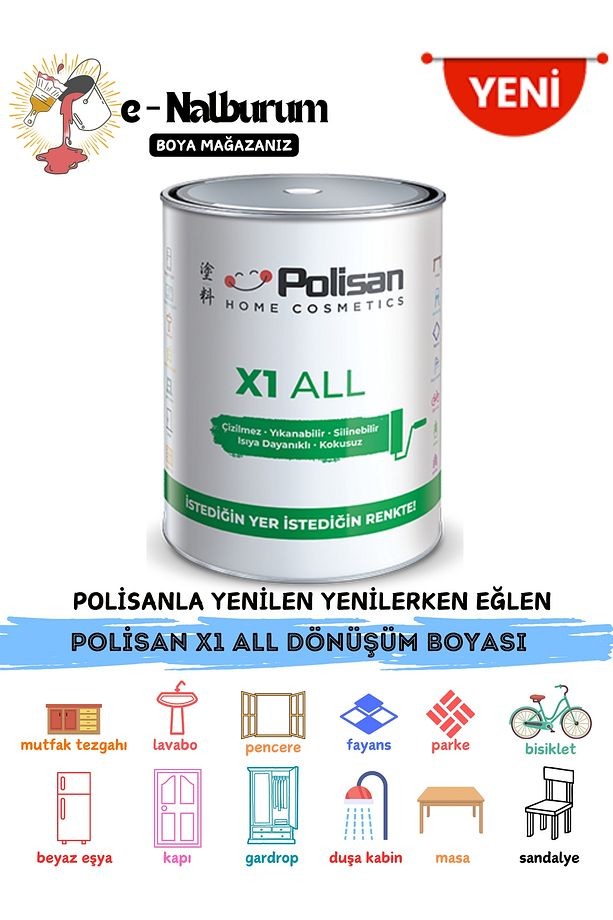 X1 All Ile Istediğini Boya-çizilmez-kokusuz-yıkanabilir Dönüşüm Boyası 0.75lt Beyaz