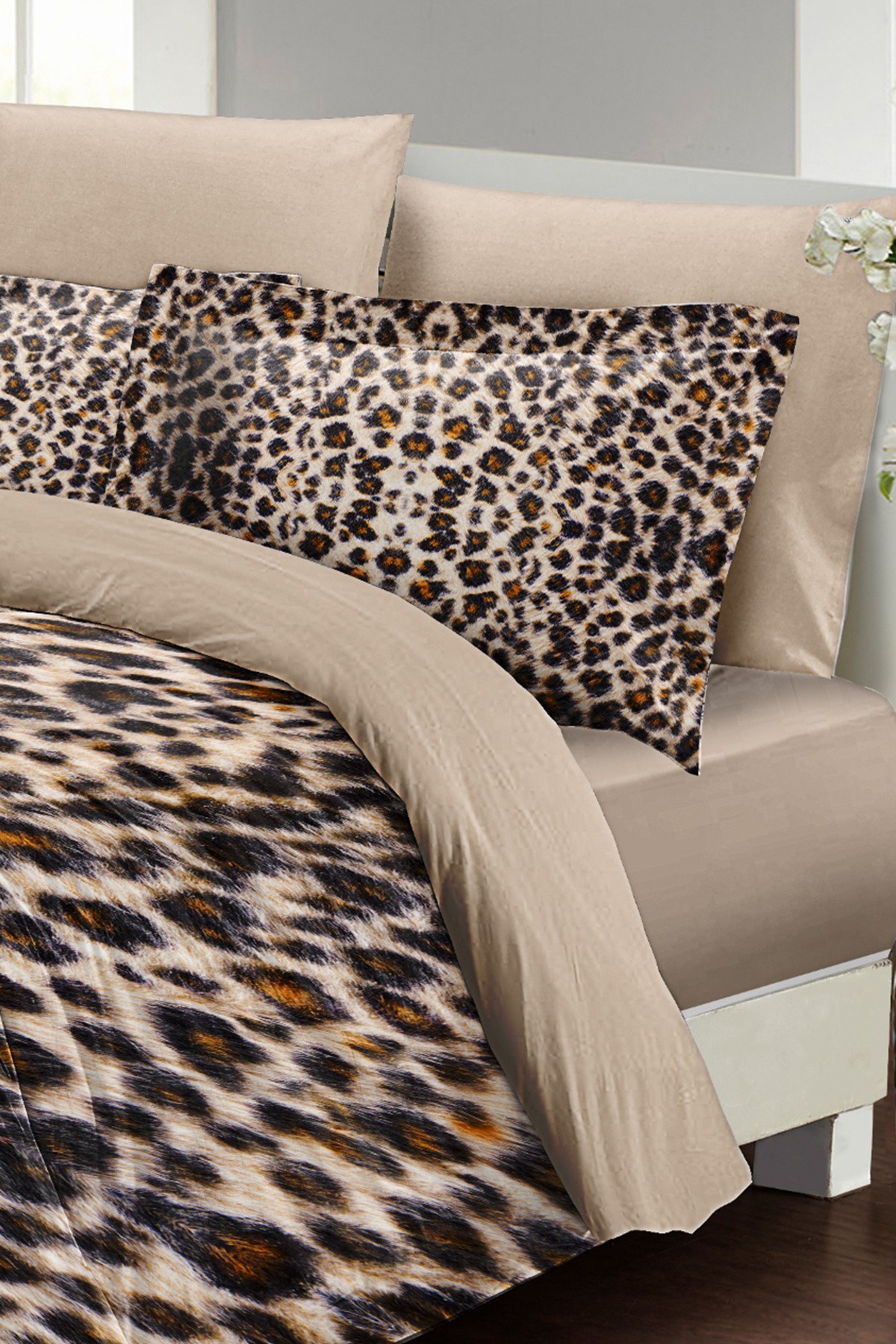 Kıng Sıze %100 Pamuk Saten Çift Kişilik Nevresim Takımı Small Leopard 220x240cm