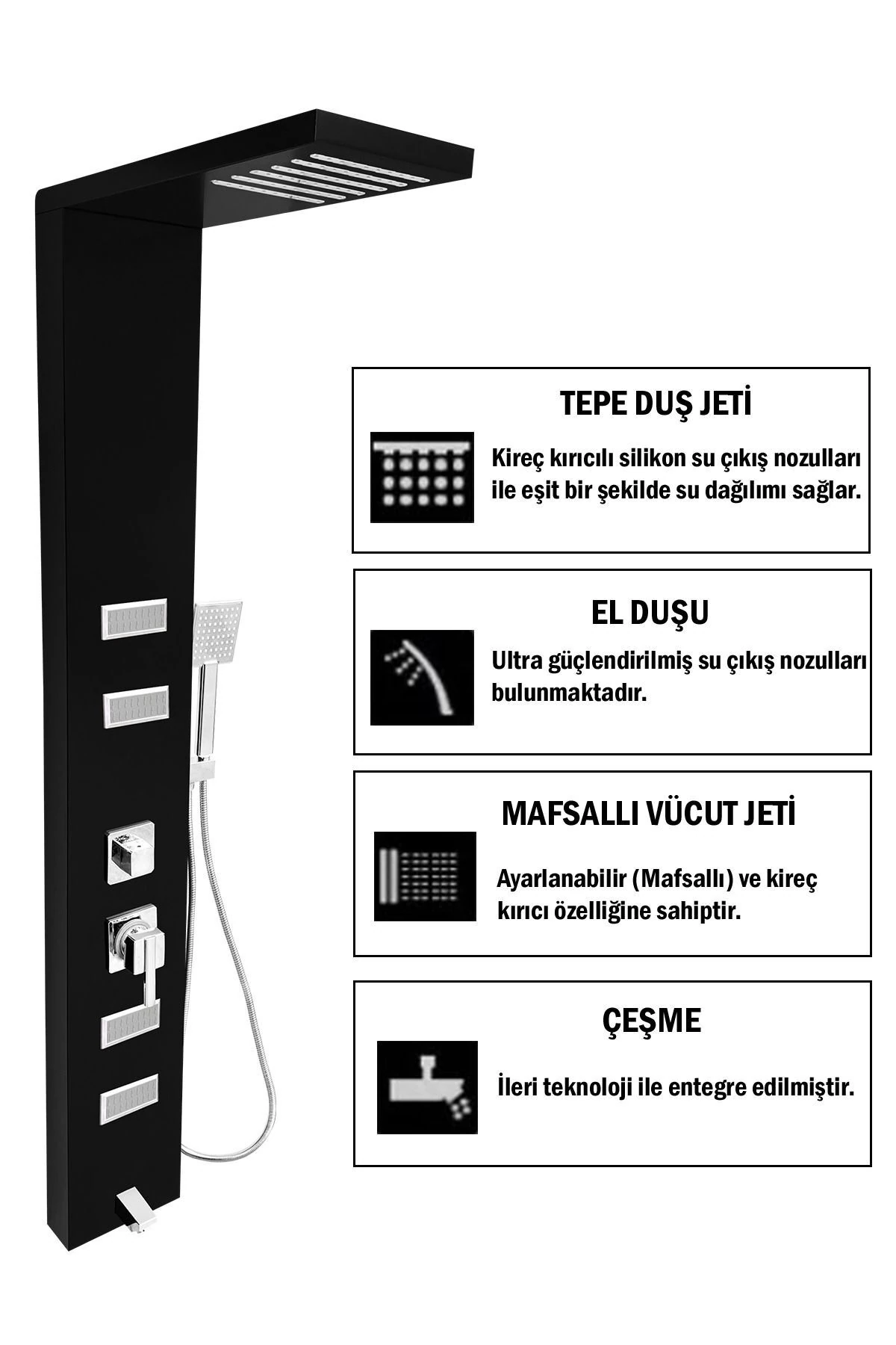 Diamond Siyah Masajlı Duş Paneli- Dikey Jakuzi - Duş Robotu - El Duşu - Duş Başlığı