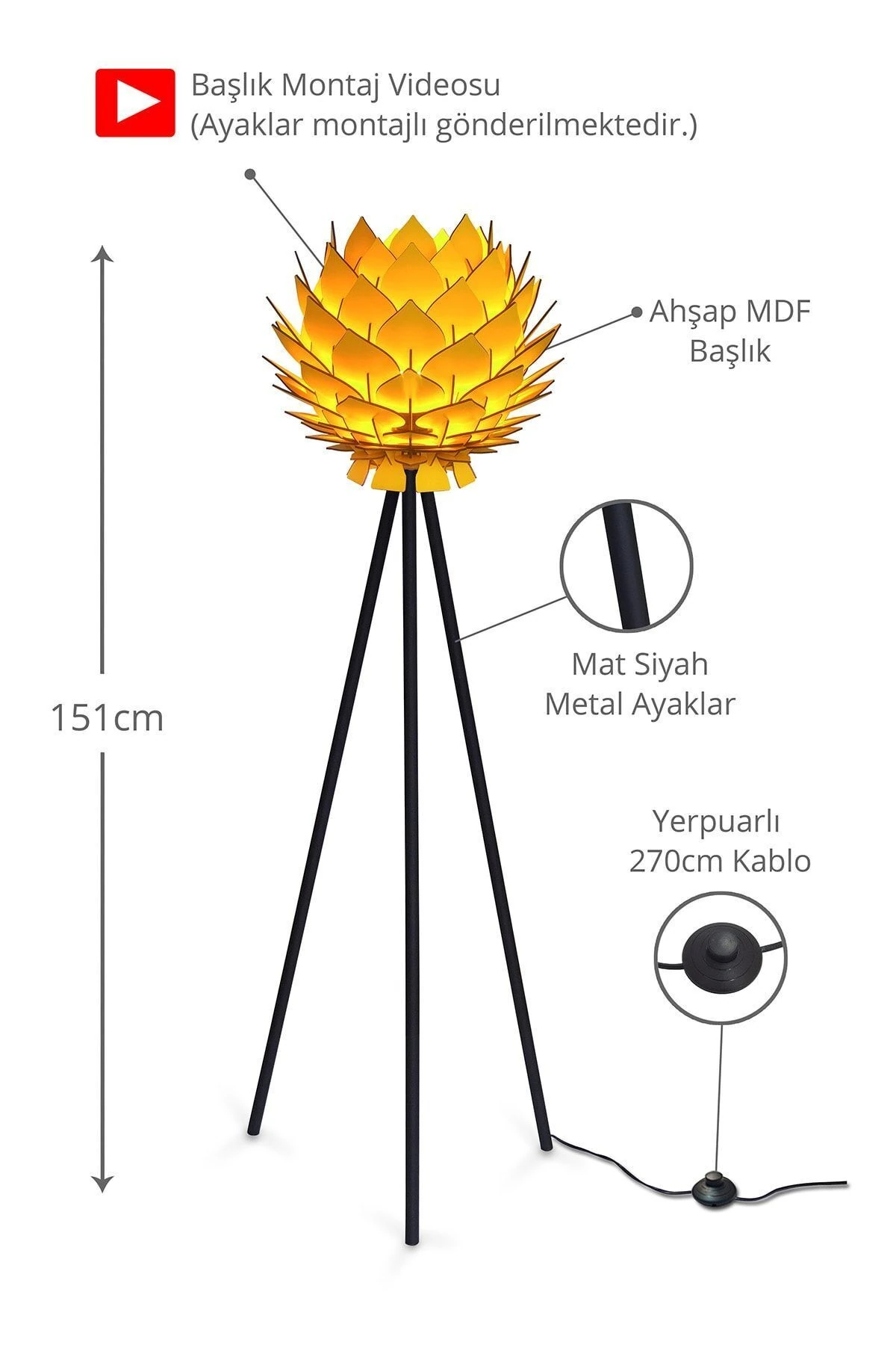 Modern tripod ayaklı ahşap lambader, anahtarlı, şık ve fonksiyonel aydınlatma seçeneği
