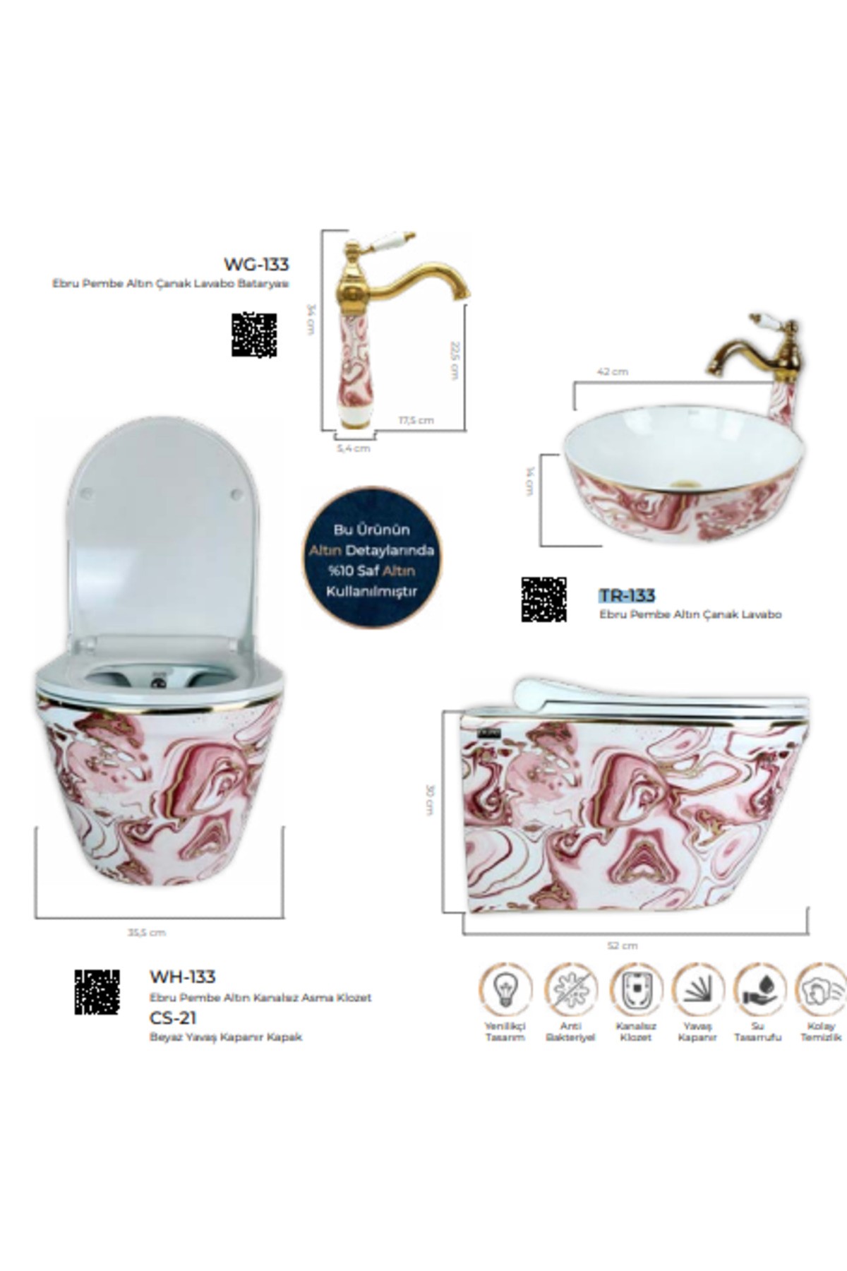 Pure Ebru Pembe Altın Kanalsız Asma Klozet Wh-133+soft Kapak
