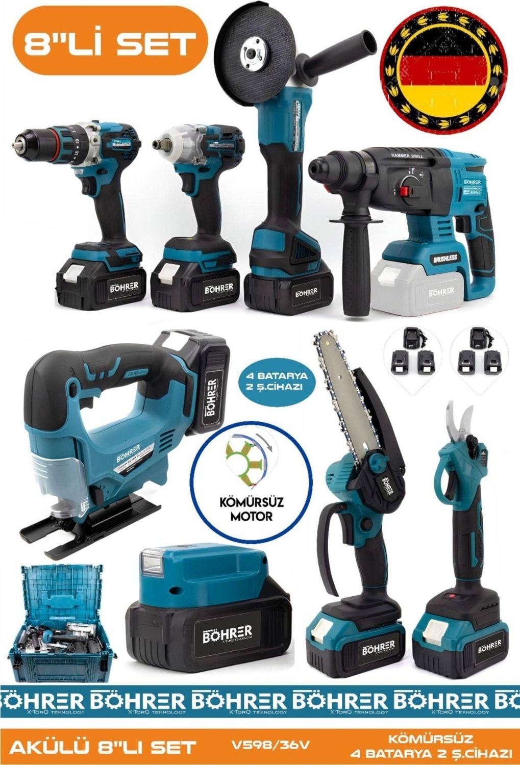 Alman Akülü Kömürsüz V598 5AH Profesypnel 8 Makine Kombo Set ,4 Batarya 2 Ş. Cihazı
