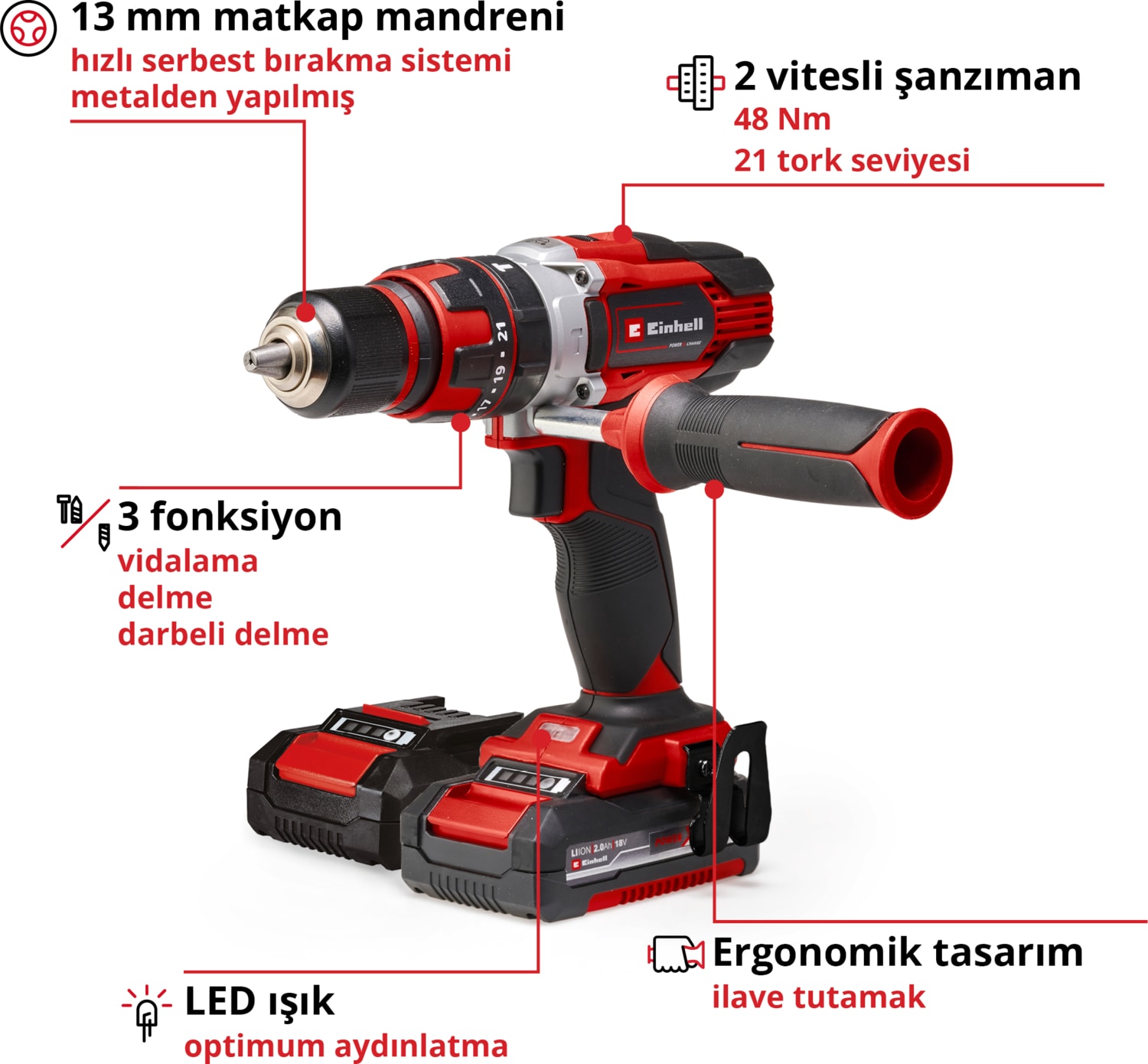 EİNHELL Akülü Darbeli Vidalama TE-CD 18/48 Li-i Kit Power X-Change (18 V, 48 Nm, darbeli delme fonksiyonu, 13 mm mandren, 2 vites, çanta, 2x 2,0 Ah akü + şarj cihazı dahildir) - 4513935