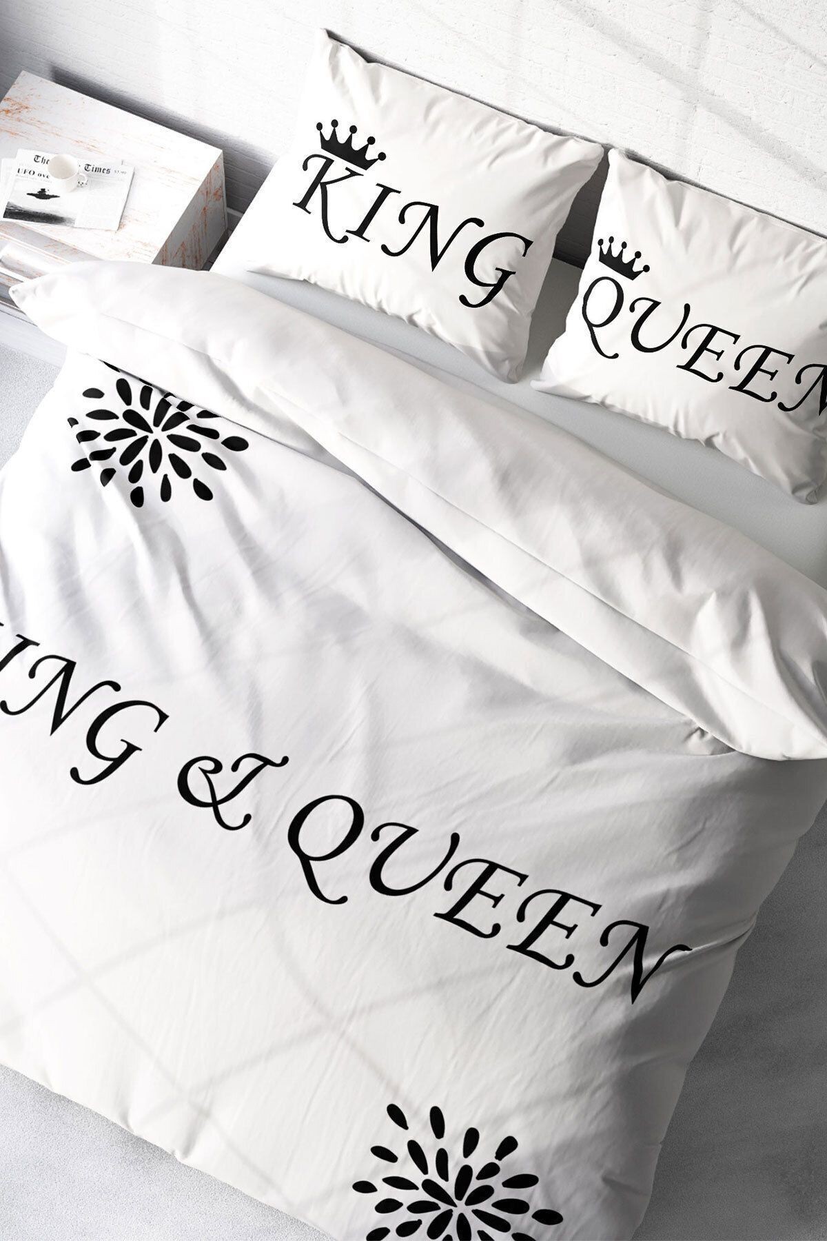 Lastikli Çarşaflı %100 Pamuk Saten Çift Kişilik Nevresim Takımı White King-Queen