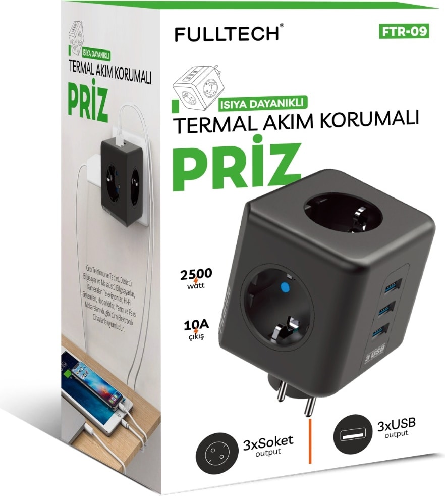Termal Akım Korumalı Isıya Dayanıklı 3'lü Duvar Tipi Priz 3x USB