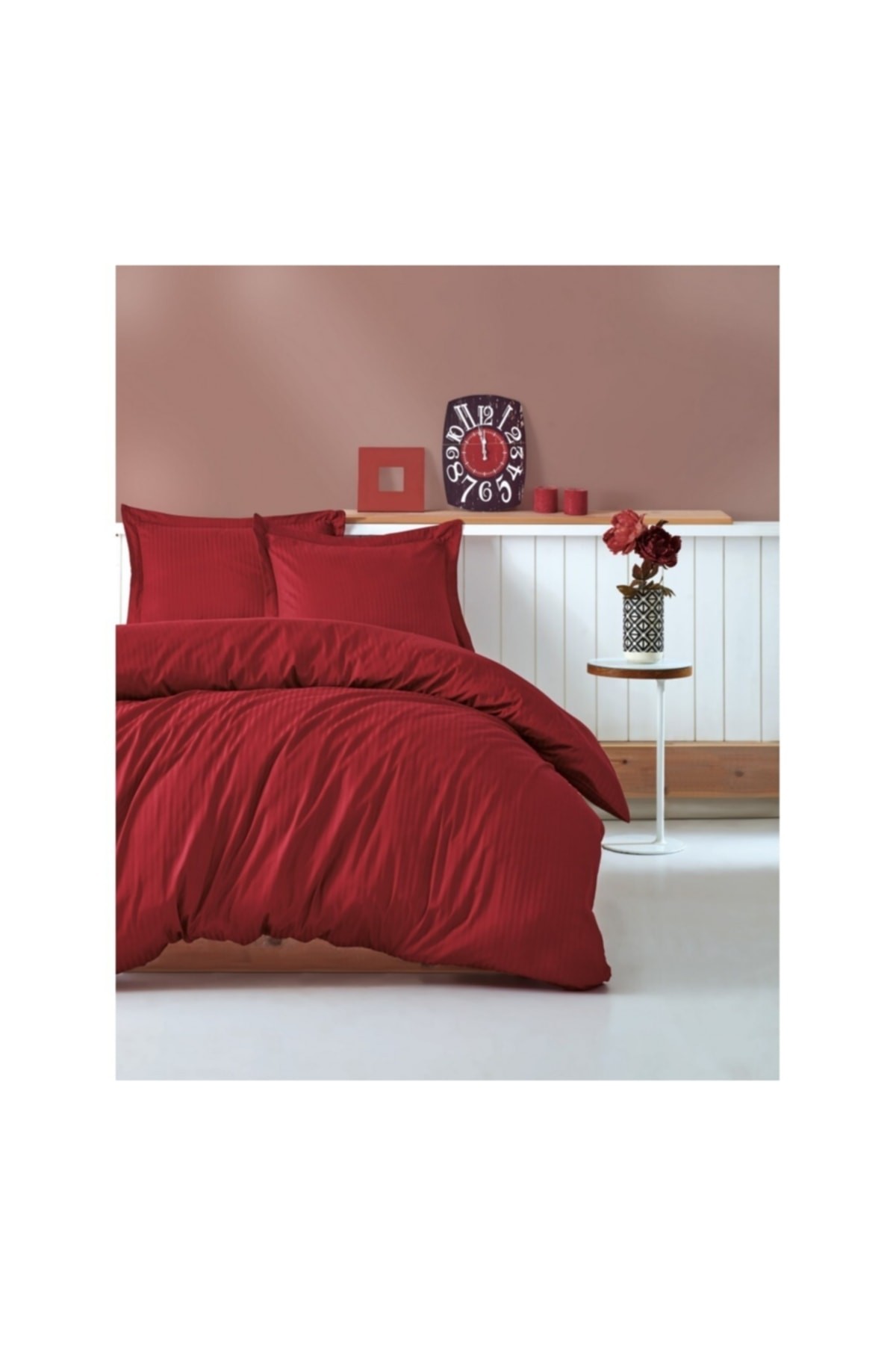 Elegant Stripe Pamuk Saten Çift Kişilik Nevresim Takımı Bordo