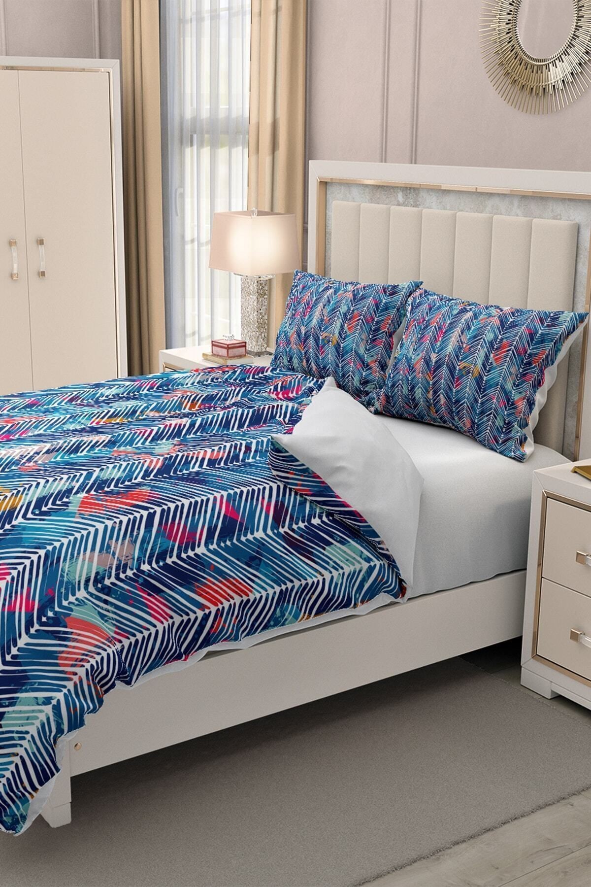 Lastikli Çarşaflı %100 Pamuk Saten Çift Kişilik Nevresim Takımı Blue Pattern