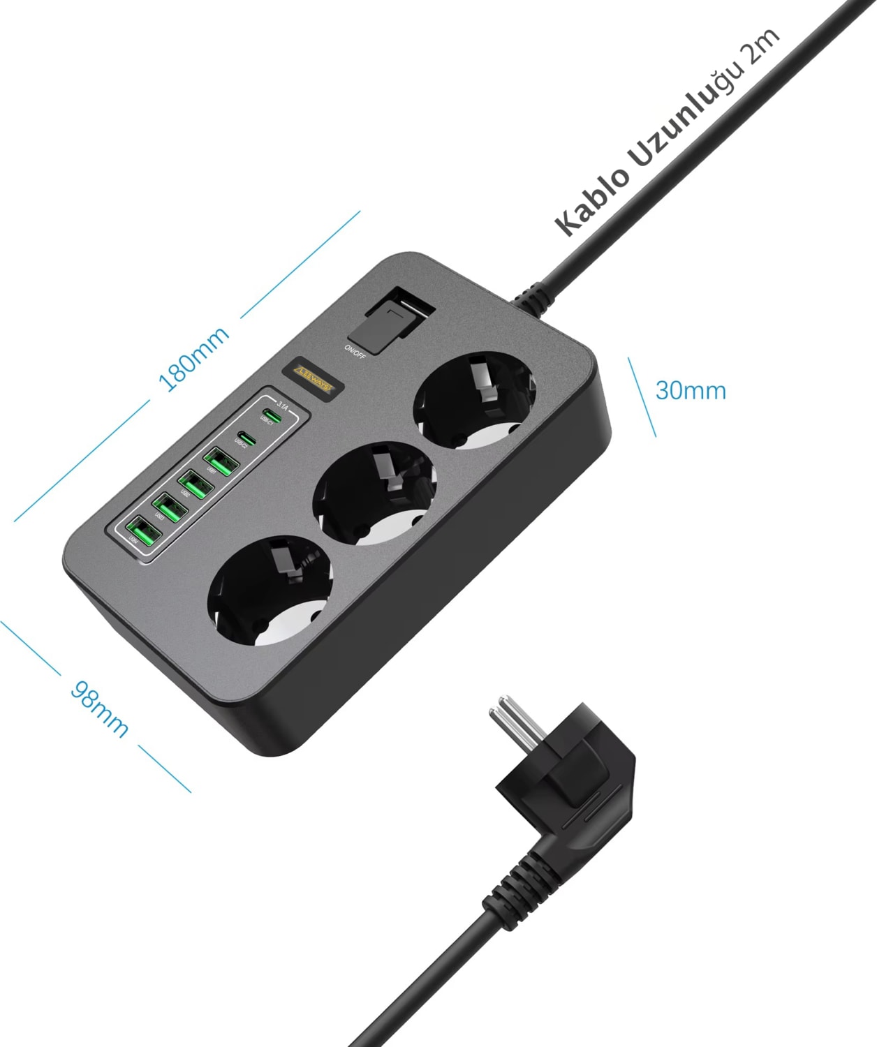 3'lü Akım Korumalı Grup Priz - Çocuk Korumalı 4usb 2 Type-C Portlu